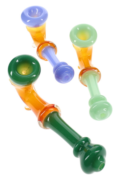 Trio of 6" gold-fumed neon glass sherlock pipes in green, mint, and lavender accents; color-changing curved stems for wholesale head-shop assortments.