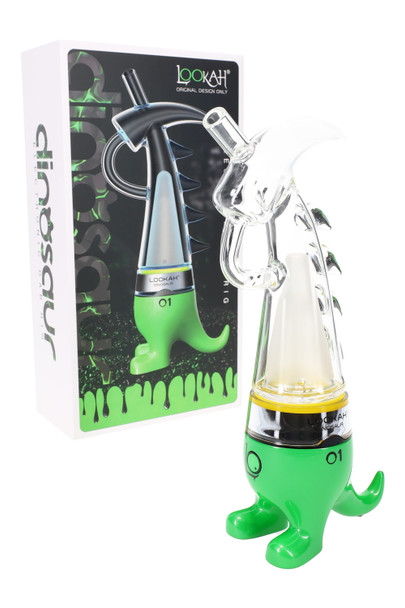 Lookah Dinosaur electronic dab rig featuring clear glass dinosaur chamber and bright green base with packaging