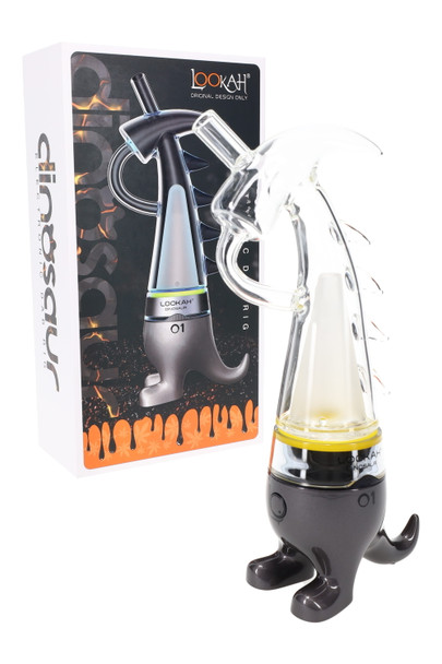 Lookah Dinosaur electronic dab rig with clear glass dino body and charcoal gray base, displayed with box
