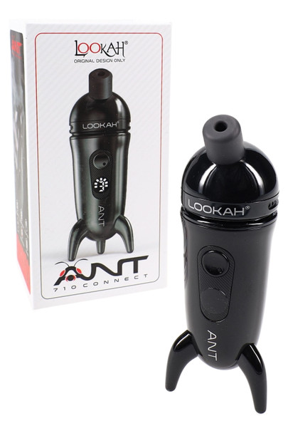 Black Lookah Ant pen standing next to box; silicone mouthpiece and USB-C charging icon; wholesale concentrate device, front view.