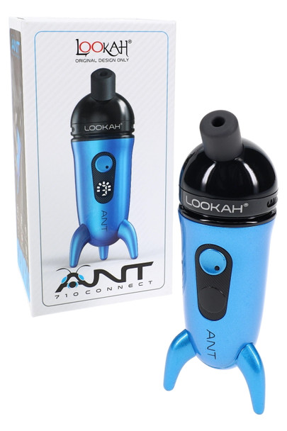 Lookah ANT 710 concentrate vaporizer in blue with retail box, rocket-style body—wholesale vape display photo
