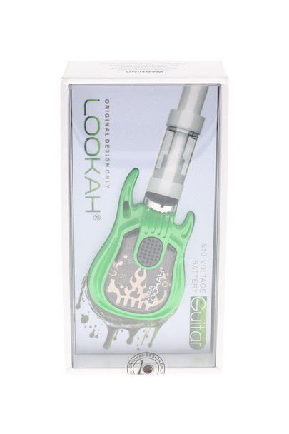 Green Lookah Guitar 510 battery (350 mAh) boxed with window; USB-C and voltage LED callouts; wholesale vape accessory, straight front studio view.
