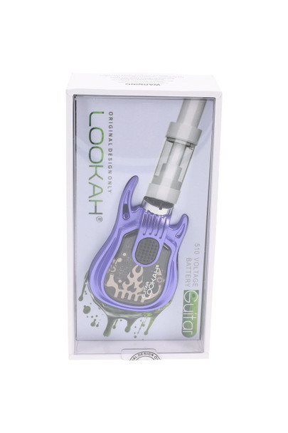 Purple Lookah Guitar 510 battery packaged; compact guitar-shape body and LED pad visible; wholesale vape accessory, front studio angle. Purple Lookah Guitar 510 battery packaged; compact guitar-shape body and LED pad visible; wholesale vape accessory, front studio angle.