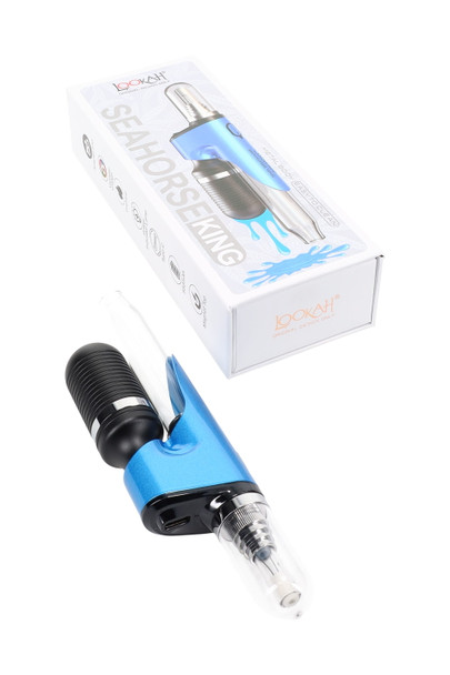 Blue Seahorse King electric dab straw with retail box; quartz tip and USB-C port visible; wholesale concentrate device, front three-quarter angle.