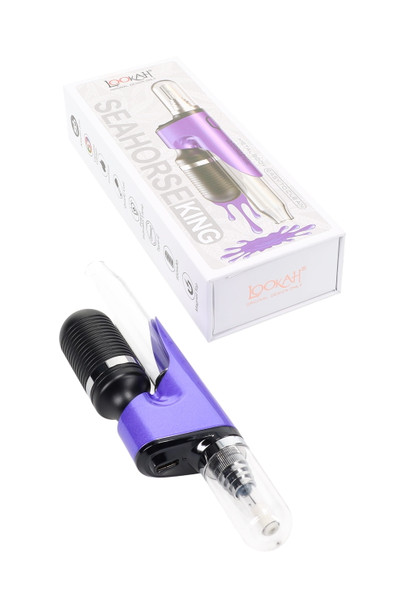 Purple Seahorse King electric dab straw beside box; glass mouthpiece and magnetic tip cover shown; head-shop supplies product shot. Purple Seahorse King electric dab straw beside box; glass mouthpiece and magnetic tip cover shown; head-shop supplies product shot.