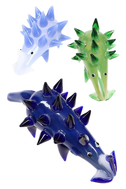 Wholesale silver-fumed porcupine glass pipes, 6-inch assorted blue/green variants with raised spikes, trio layout on white, retail showcase view.