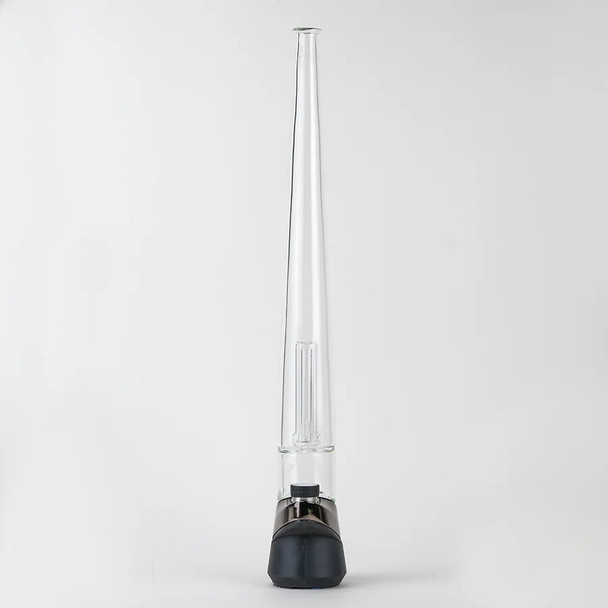 Studio front view on black background showing long tapered body and lower perc chamber; clear glass Peak Pro attachment for B2B resale.