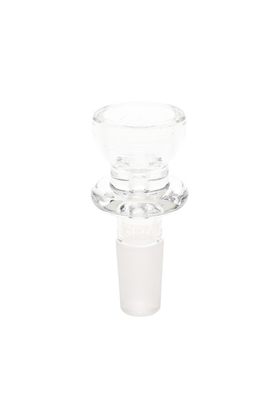 GRAV cup-style glass bowl, medium capacity with flared lip and frosted male joint; clean studio angle for retail smoke gear catalogs.