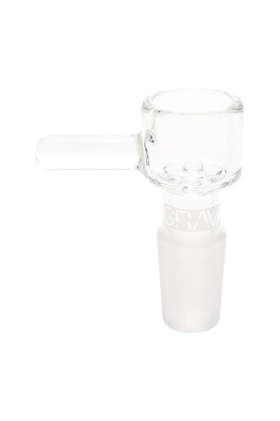 Clear GRAV Octobowl with 14.5 mm male GoG joint and pull arm; integrated glass screen visible; premium replacement bowl for head-shop wholesale.