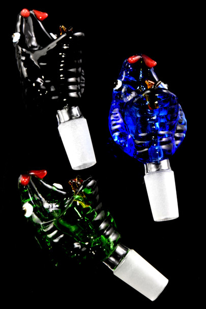 Black, blue, and green 14.5 mm male snake bowls with frosted joints; wholesale replacement slides, studio shot on black, top-down angled layout.