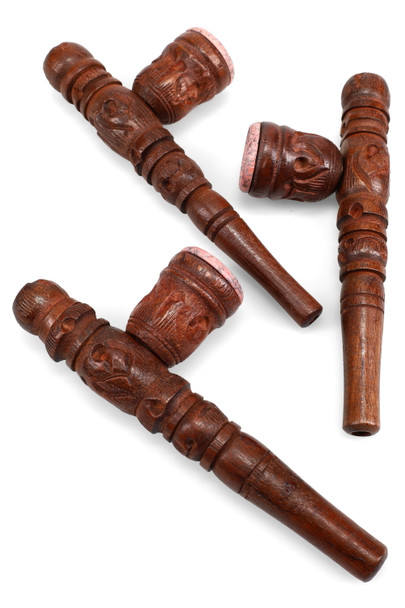Bulk purchase cheap wood pipes with carving and inset stone bowl.