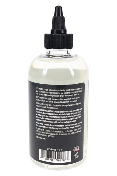 Back view of Fuck Sauce 8 oz lube bottle showing directions, ingredients, and UPC—retail-ready case-pack inventory