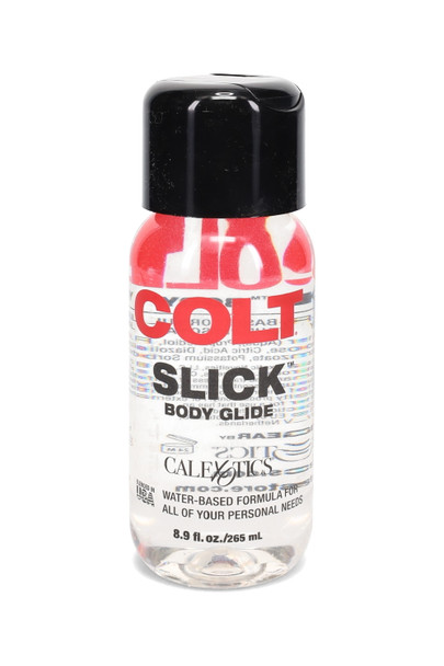 8.9 oz COLT Slick water-based body glide in clear bottle with black flip cap, front studio view for wholesale adult retail shelves.