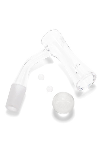 Clear GRAV hourglass quartz banger set with 14.5 mm male joint, 20 mm marble and two 6 mm pearls, wholesale head-shop accessory, overhead white view. Clear GRAV hourglass quartz banger set with 14.5 mm male joint, 20 mm marble and two 6 mm pearls, wholesale head-shop accessory, overhead white view.