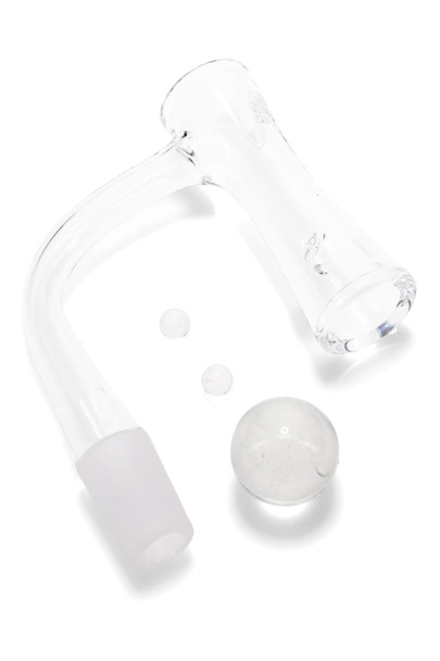 GRAV hourglass quartz banger set, clear 14.5 mm male joint with marble and pearls, retail smoke-shop gear, angled product photo on white background. GRAV hourglass quartz banger set, clear 14.5 mm male joint with marble and pearls, retail smoke-shop gear, angled product photo on white background.