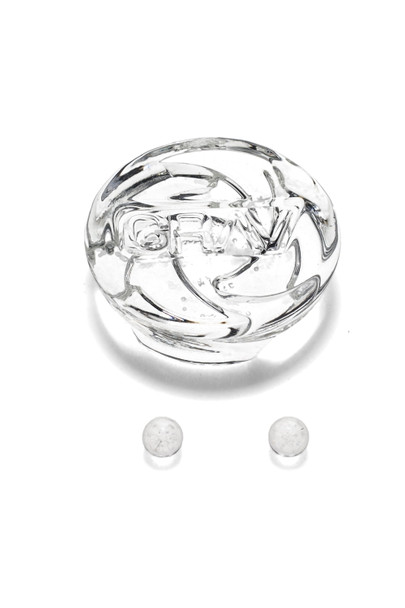 Clear GRAV spinner carb cap with two 6 mm quartz pearls; wholesale dab accessory set, top-down white background showing propeller relief and logo.