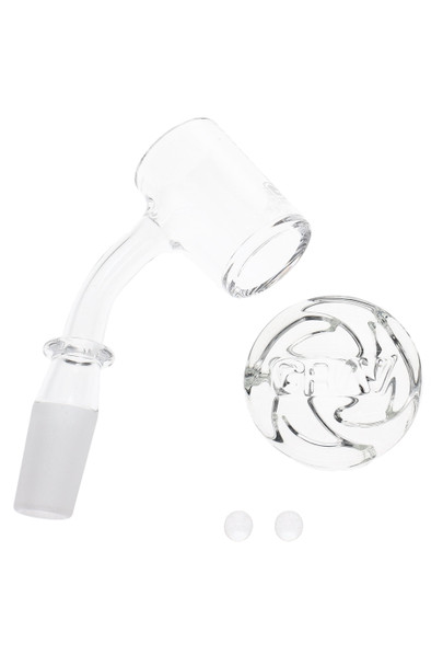 GRAV seamless quartz flat-top banger with spinner cap and two 6 mm pearls, wholesale dab accessory, clear male joint set on white, overhead product view.