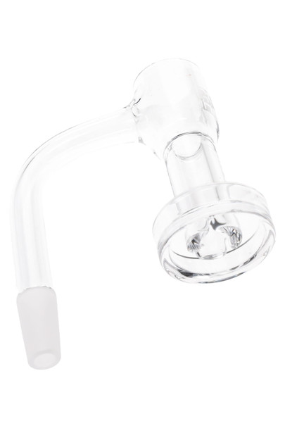 Clear quartz GRAV slurper bucket with male joint, head-shop supply, close side view highlighting dual cylinders and thick dish base.