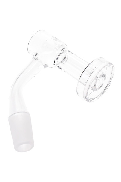Quartz slurper bucket by GRAV with extended joint, retail smoke-shop component, side angle on white showing fused welds and dish.