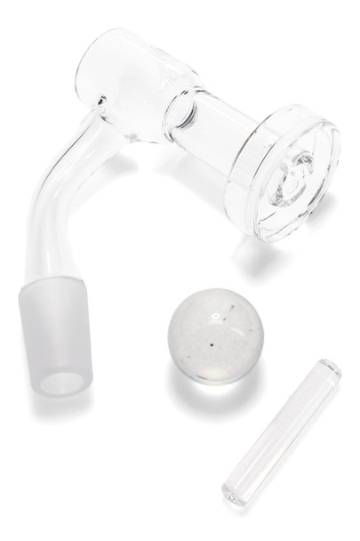 GRAV quartz slurper bucket set with 14.5 mm male joint, 20 mm marble and terp pillar; wholesale dab accessory kit, clear studio top view on white.