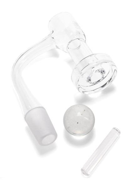 GRAV slurper bucket kit showing male joint, thick dish base, 20 mm marble and pillar insert; retail smoke-shop supply, angled white background view.