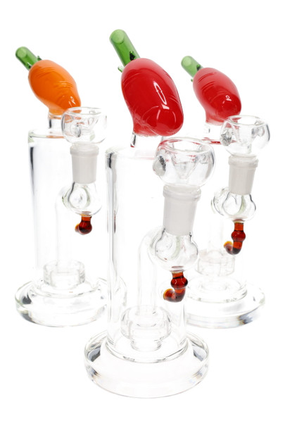 7.5" stemless glass-on-glass water pipe with carrot mouthpiece accent, showerhead perc and 14.5 mm joint, clear body, three-quarter studio angle for wholesale buyers. 7.5" stemless glass-on-glass water pipe with carrot mouthpiece accent, showerhead perc and 14.5 mm joint, clear body, three-quarter studio angle for wholesale buyers.