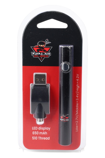 Ninja Glass 650 mAh 510 battery with USB charger in peg-ready blister pack, black, wholesale vape accessory front view.