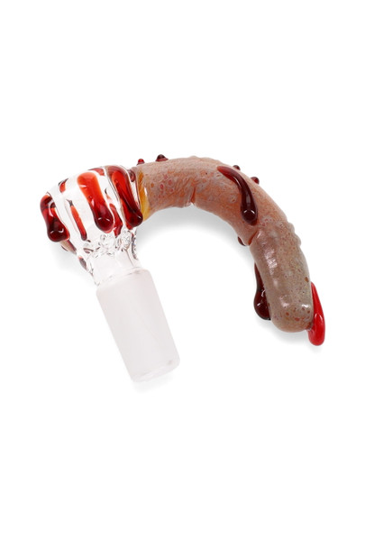 Clear 14.5 mm male glass bowl with realistic finger design and red accents; wholesale head-shop part, frosted joint, angled white-background view. Clear 14.5 mm male glass bowl with realistic finger design and red accents; wholesale head-shop part, frosted joint, angled white-background view.