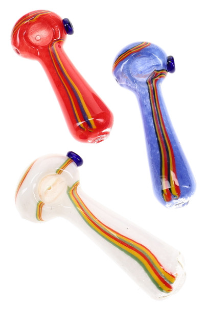 Three assorted glass spoon pipes in red, blue, and clear finishes with multicolor stripes running along the stems