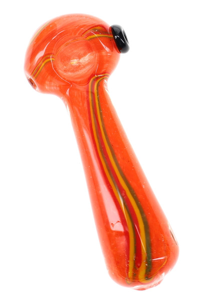 Red-orange glass spoon pipe with yellow, red, and dark striped detailing along the stem and a dark side accent