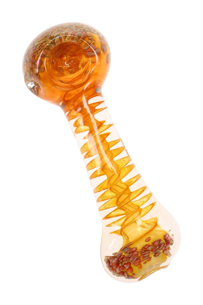 Amber glass spoon pipe with spiral stem detailing and clustered red and yellow frit-style accents near the mouthpiece