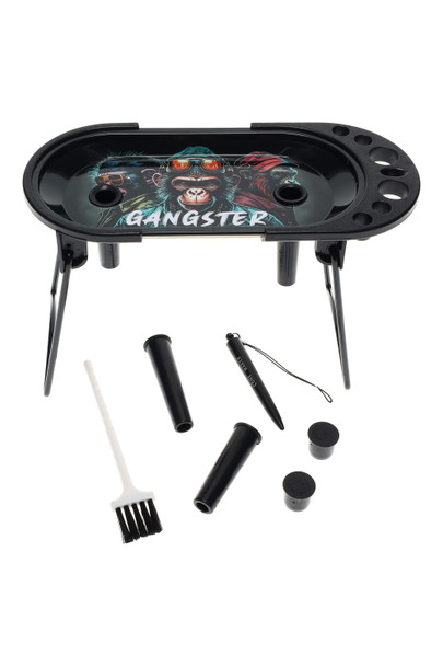 Gangster chimp design 7 x 3.5 inch metal rolling station tray with leg stands and cone tools, organized prep board for wholesale head shops.