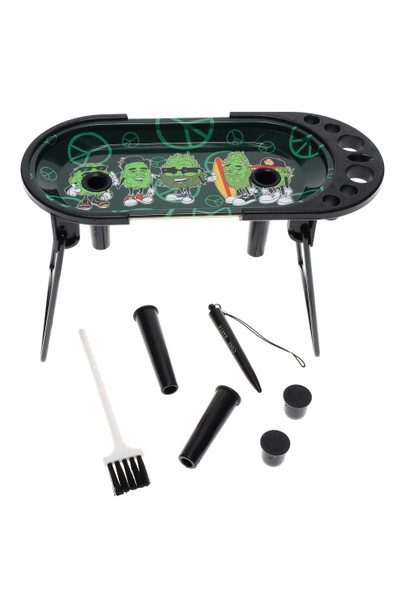 Green bud characters 7 x 3.5 inch rolling station tray with peace sign pattern and tools, compact metal surface for retail smoke gear.