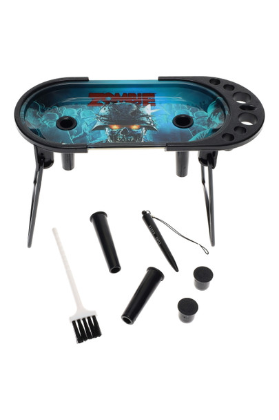 Zombie artwork 7 x 3.5 inch metal rolling station tray on black frame with accessories, tabletop rolling setup for head shop wholesale.