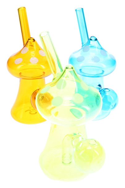 Colored 4" glass mushroom oil burner rigs with polka-dot caps in yellow, green, and blue, front three-quarter view—wholesale head-shop listing.