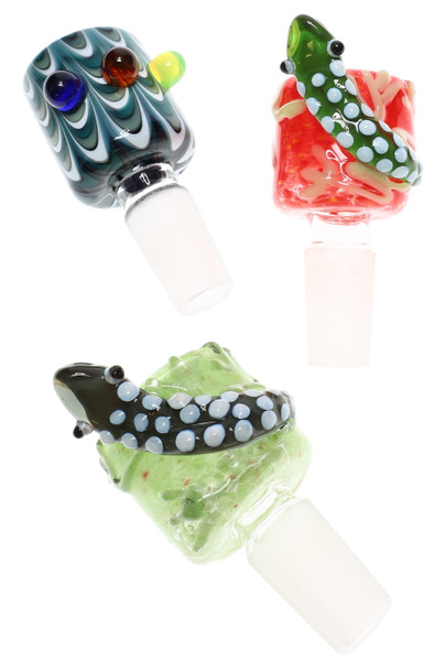 14.5 mm male glass-on-glass bowl, assorted colorful designs with sculpted accents, wholesale head-shop accessory shown front angle.