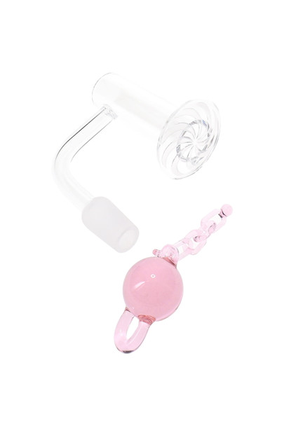 Wholesale 14.5 mm quartz terp slurper banger set with pink 22 mm ball-and-chain bead, clear dish shown, high-angle studio product view. Wholesale 14.5 mm quartz terp slurper banger set with pink 22 mm ball-and-chain bead, clear dish shown, high-angle studio product view.
