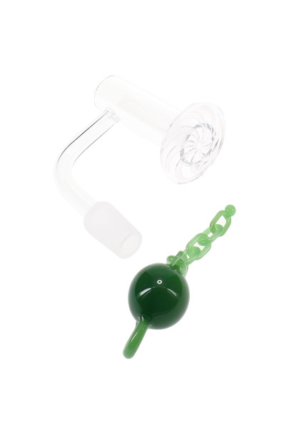 Wholesale quartz terp slurper banger, 14.5 mm male with green 22 mm ball-and-chain bead, clear bucket and spiral dish, top-right view. Wholesale quartz terp slurper banger, 14.5 mm male with green 22 mm ball-and-chain bead, clear bucket and spiral dish, top-right view.
