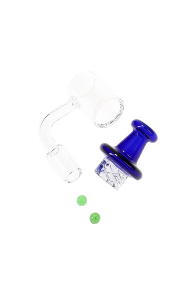 Wholesale 14.5 mm quartz spinner banger with blue cap and pair of 6 mm beads, clear bucket detail, flat-lay product composition.