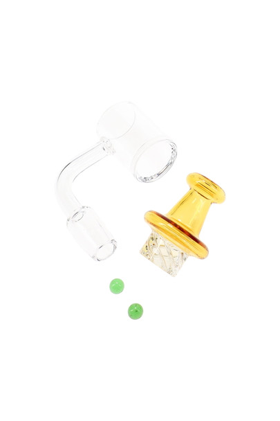 Wholesale 14.5 mm male spinner quartz banger set, yellow cap plus two 6 mm beads, 4 mm dish base, bright white background shot.