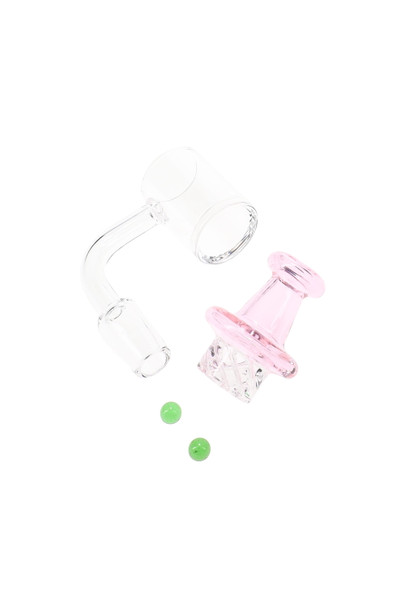 Wholesale 14.5 mm male quartz spinner banger kit in pink, includes two 6 mm beads, clear bucket detail, high-angle studio view.