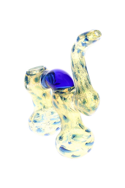 7-inch color-changing double-chamber sherlock bubbler with blue dotted accents and cobalt bridge, right-side view for head-shop wholesale listings 7-inch color-changing double-chamber sherlock bubbler with blue dotted accents and cobalt bridge, right-side view for head-shop wholesale listings