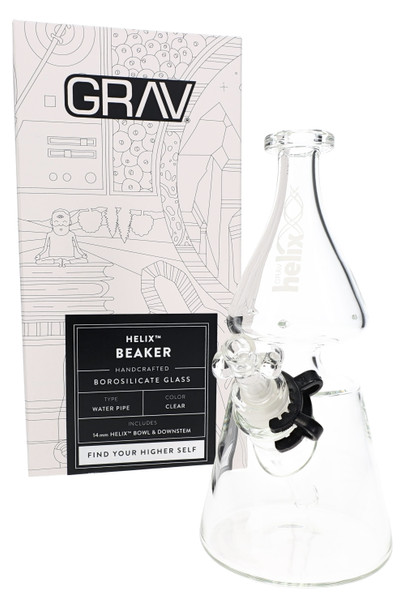 GRAV Helix beaker water pipe with retail box for smoke shop resale, clear borosilicate glass in packaging view