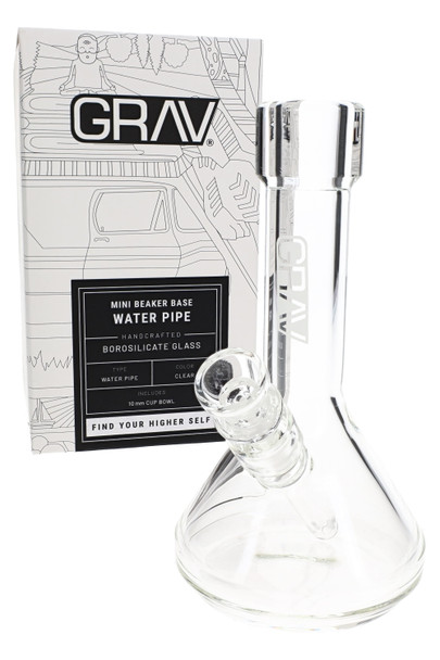 Clear 6" GRAV mini beaker with retail box for smoke shop resale, borosilicate glass water pipe in packaging view