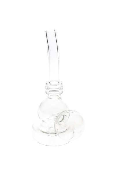 5.5" clear glass mini oil burner rig, round base design with bulb body, studio side view—retail smoke gear for wholesale buyers.