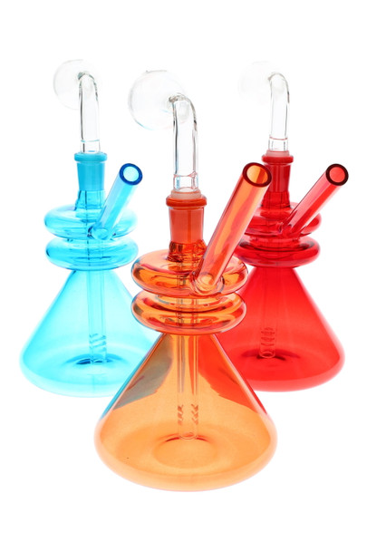 6" colored glass beaker oil burner rigs with 14.5 mm GoG female joints, red/orange/blue set—wholesale head-shop product photo.
