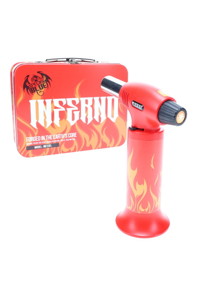 Red Flame On Inferno Pro torch with tin toolbox, flame graphics, front view — bulk torch lighter for smoke shops.