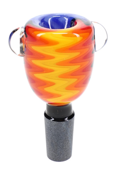 Orange 14.5 mm male reverse glass bowl with marble accents and black joint, wholesale glass bowl