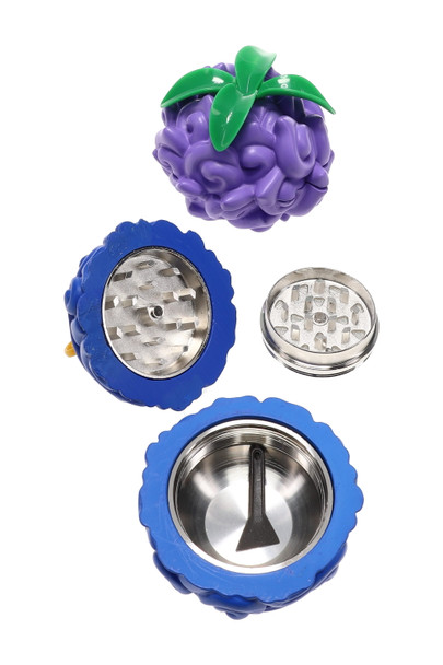 Open 2.5" Devil Fruit grinder with blue shell, metal teeth, screen, and scraper for wholesale grinders