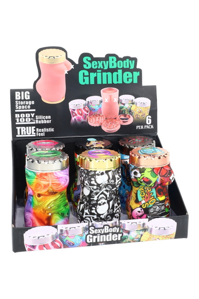 Bulk 6-pack SexyBody grinder display, assorted silicone woman-body designs with decal sleeves and metal tops